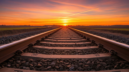 Sunset over railway tracks leading into horizon with vibrant sky.の写真素材