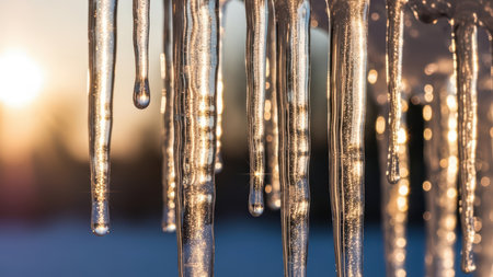 Sunlit icicles dripping on a bright winter morning.の写真素材