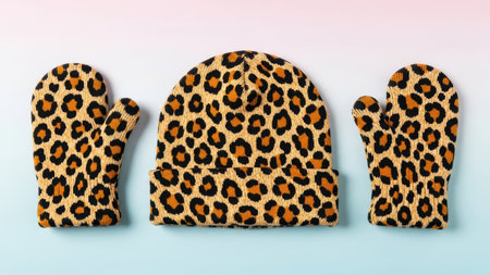 Leopard print winter hat and mittens on gradient background.の写真素材