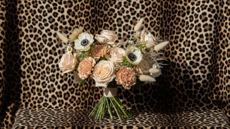 Elegant bouquet of neutral flowers against leopard print background.の写真素材