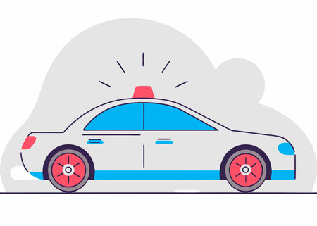 Minimalist police car illustration with blue accents and red wheels on abstract background.のイラスト素材
