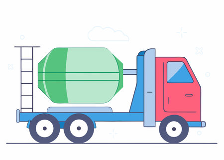 Colorful cartoon cement mixer truck with green barrel and blue cabin in simple flat style with cloudy sky background.のイラスト素材