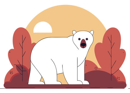 Stylized polar bear illustration in autumn forest setting with sun on horizon and minimalist design.のイラスト素材