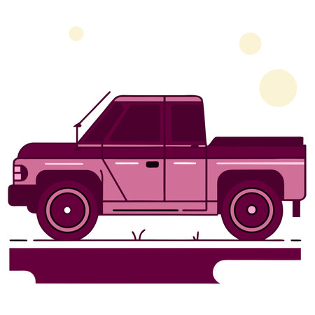 Retro-inspired flat design of pink pickup truck with simplified silhouette and circular sun elements in minimalist style.のイラスト素材