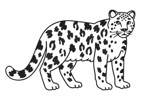 Black and white illustration of an alert leopard with distinctive spots and expressive eyes in a cartoon style.のイラスト素材