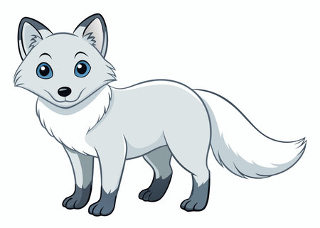 Animated cute arctic fox with fluffy white fur and blue eyes standing playfully on white background.のイラスト素材