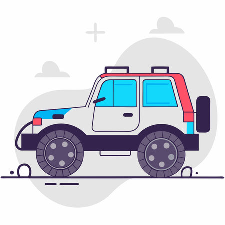 Cartoon suv vehicle with bold colors and large tires in minimalist style on abstract background with clouds.のイラスト素材