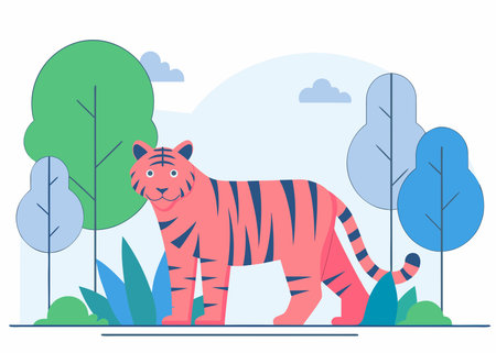 Brightly colored tiger cartoon illustration in forest setting with stylized trees and soft pastel background.のイラスト素材