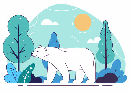 Polar bear strolling in serene nature setting with trees and sun in minimalist style.のイラスト素材