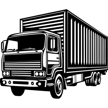 Black and white illustration of a heavy-duty cargo truck with detailed engine grill and large cargo container on a flatbed trailer.のイラスト素材
