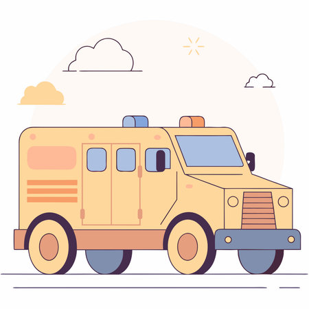 Colorful cartoon armored truck with cloudy sky background and sun, showcasing a playful and whimsical design in a flat style.のイラスト素材