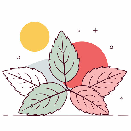 Abstract minimalist nature art with colorful leaves and geometric shapes highlighting natural beauty.のイラスト素材