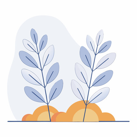 Minimalistic abstract art with dual blue and white leafy branches on orange base and soft curved background.のイラスト素材