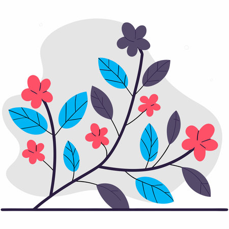 Colorful floral composition with stylized flowers and leaves on curved branches in a minimalistic abstract design.のイラスト素材