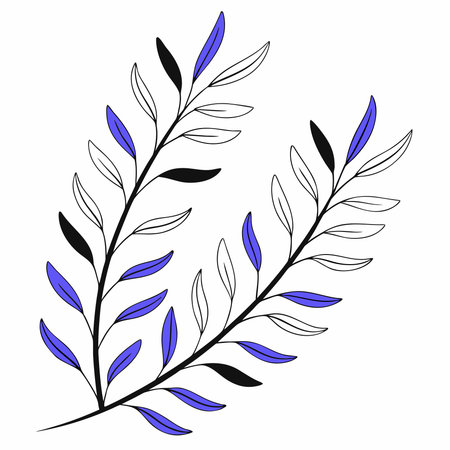 Minimalist black and blue leaf design with dynamic curved lines and contrasting white background for modern aesthetic decor elements.のイラスト素材