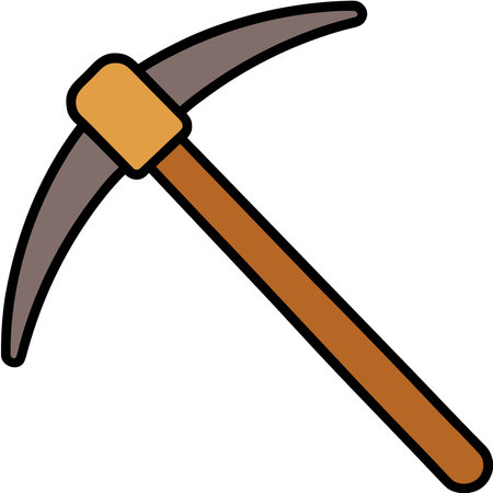 Brown and gray pickaxe icon with steel head and wooden handle on transparent background for tool and...
