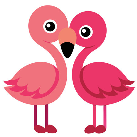 Colorful cartoon flamingos: adorable pair displaying vivid pink and red plumage with cute expressions and playful design.のイラスト素材