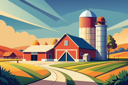 Vibrant rural landscape with red barn and silos under blue sky in autumn countryside art scene.のイラスト素材