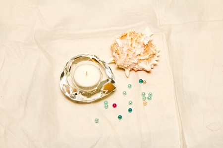 A composition of sea shelf, canddle and colourful pearls in a white backgruondの写真素材