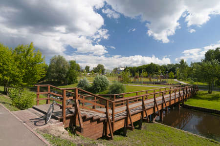 New wooden bridge across the Yauza river in Moscowの写真素材