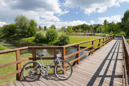 Bicycle on the new wooden bridge in Moscowの写真素材