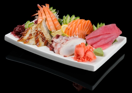 Sashimi seafood assortment on large triangle plateの写真素材