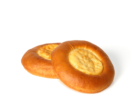 Two buns with cottage cheese on whiteの写真素材