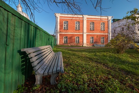 Bench in the yard of Goritsky monastery of Dormition in Pereslavl-Zalesskiy, Yaroslavl oblast, Russia.の写真素材