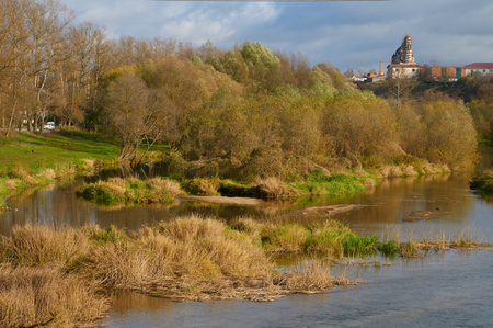 River Protva flows in Borovsk town, Kaluga region, Russiaの写真素材
