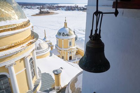 View from the bell tower of the Cathedral of Epiphany in the monastery of the Nilo-Stolobenskaya Pustyn, Ostashkov district, Tver oblast, Russia. It is situated on Stolobny island of Seliger lake.の写真素材
