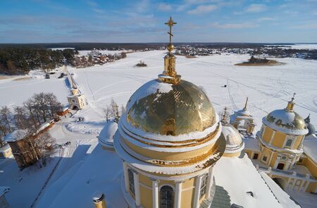 Winter view from the bell tower of russian orthodox monastery of the Nilo-Stolobenskaya Pustyn, Ostashkov district, Tver oblast, Russia. It is situated on Stolobny island of Seliger lake.の写真素材