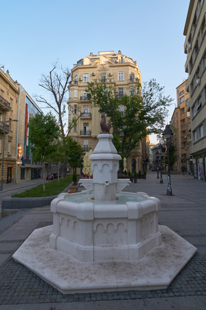 Belgrade, Serbia - May 03, 2018: White marble fountain in the morning on Cara Lazara streetのeditorial素材