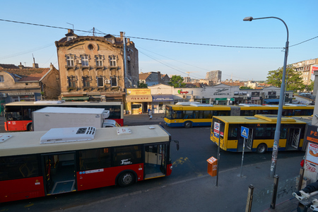 Belgrade, Serbia - May 03, 2018: Bus terminus on Jug Bogdanova street in the morningのeditorial素材