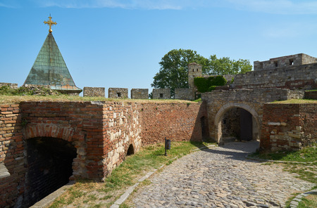 Old stone walls of Belgrade fortress in Serbia in springの写真素材