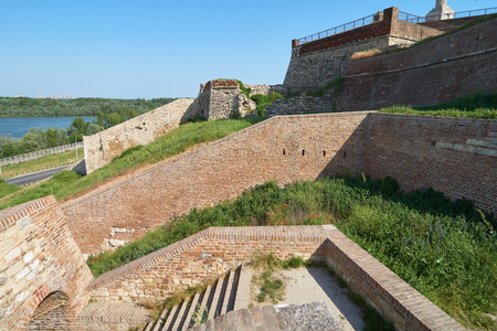 Old walls of Belgrade fortress in Serbia in spring. Danube river is on the leftの写真素材