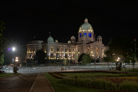 Belgrade, Serbia - May 04, 2018: National Assembly of the Republic of Serbia at nightのeditorial素材