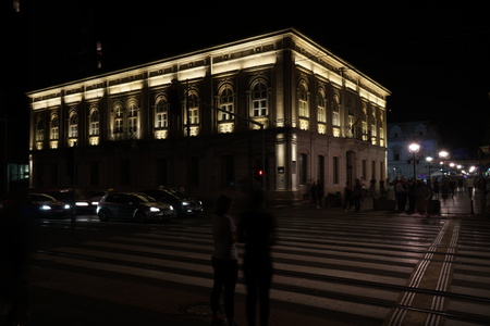 Belgrade, Serbia - May 05, 2018: Night view on Belgrade City Library on Kneza Mikhaila streetのeditorial素材
