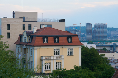 Belgrade, Serbia - May 05, 2018: Office of Telecommunications Ministry on Pariska street in the eveningのeditorial素材