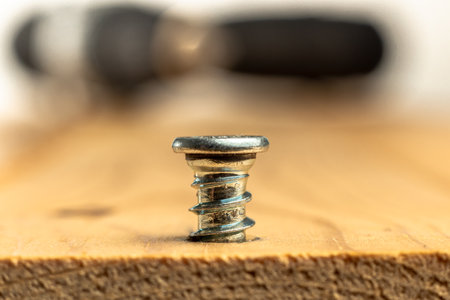 Closeup of screw being screwed into a wooden plank - macro shoot - electric screwdriver background.の写真素材