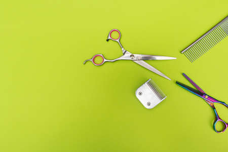 scissors, combs hairdressing implements on a tableの写真素材