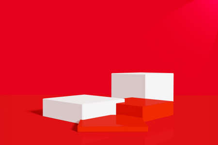 abstract red pedestal display with cubes and rocks with box stand concept. Podium for brand promotion products, realistic 3d digital renderingの写真素材