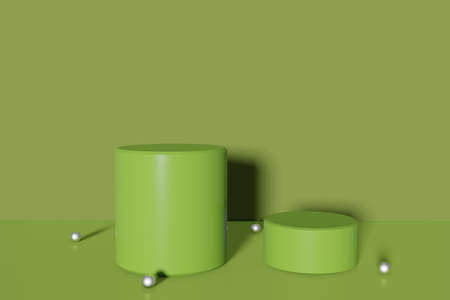 abstract Green pedestal display with cylinders with box stand concept. Podium for brand promotion products, realistic 3d digital renderingの写真素材