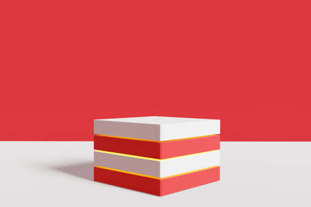 abstract red pedestal display with cubes and rocks with box stand concept. Podium for brand promotion products, realistic 3d digital renderingの写真素材