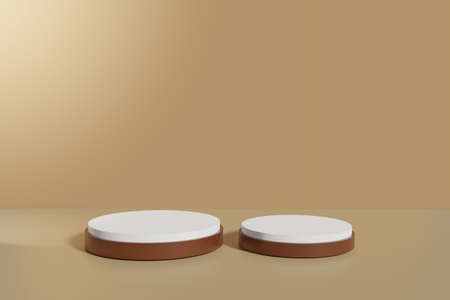 abstract Brown pedestal display with brown and white cylinders with box stand concept. Podium for brand promotion products, realistic 3d digital renderingの写真素材