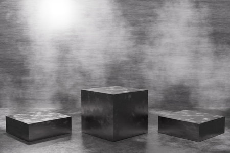 pedestal display with gray and black cube and abstract dark gray background with box stand concept. Podium for brand promotion products, realistic 3d digital renderingの写真素材