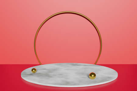 pedestal display with red color background and marble cylinders, and abstract gold with box support concept. Podium for brand promotion products, realistic 3d digital renderingの写真素材