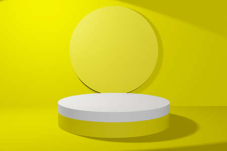 pedestal display with white circle background and abstract yellow floor with box stand concept. Podium for brand promotion products, realistic 3d digital renderingの写真素材