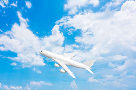 Beautiful panoramic background with flying plane in the blue sky. Launched passenger plane takes off...
