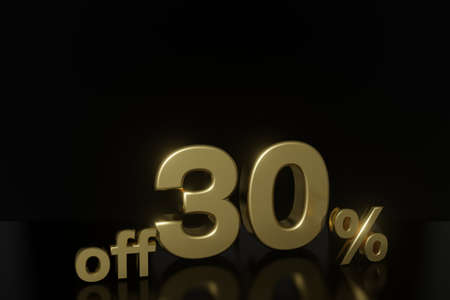 30 percent off 3D illustration in gold with black background and copy spaceの写真素材