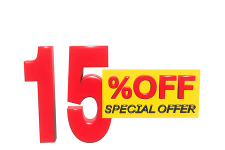 15 percent off 3D illustration in red with white background with special offer sign and copy space